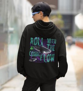 Cosmic Adventure Space Ship Roll with Cosmic Flow Black Cotton Printed Hoodies For Men