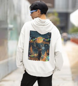 Festive Deer Wishing You a Dearly Merry Christmas Printed White Cotton Hoodie