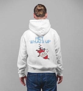 Santa Hanging on Lights Saying Hey Whats Up Printed White Cotton Hoodie