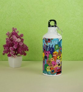 Playful Congestion of Creatures Doodles Printed Aluminium Water Bottle 600ml