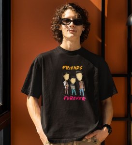 Friends Forever Black Round Neck Cotton Half Sleeved Men T-Shirt with Printed Graphics