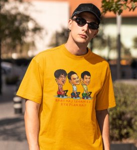 What's The Plan ? Yellow Round Neck Cotton Half Sleeved Men T-Shirt with Printed Graphics