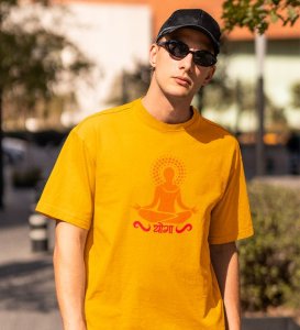 Just Yoga Yellow Round Neck Cotton Half Sleeved Men T-Shirt with Printed Graphics