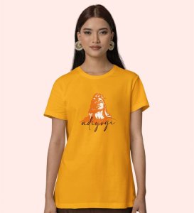 Adiyogi Yellow Round Neck Cotton Half Sleeved Women T-Shirt with Printed Graphics
