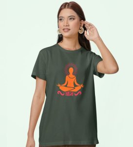 Just Yoga Green Round Neck Cotton Half Sleeved Women T-Shirt with Printed Graphics