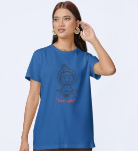 Love For Yoga Blue Round Neck Cotton Half Sleeved Women T-Shirt with Printed Graphics