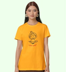 Love For Yoga Yellow Round Neck Cotton Half Sleeved Women T-Shirt with Printed Graphics