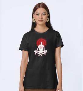 Power Of Om Black Round Neck Cotton Half Sleeved WomenT-Shirt with Printed Graphics