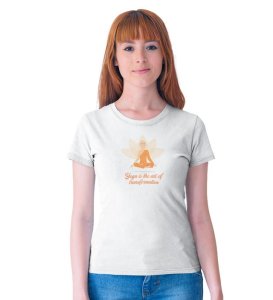 Self Transformation White Round Neck Cotton Half Sleeved Women T-Shirt with Printed Graphics
