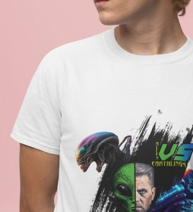 Cosmic Warzone: Alien vs Human Graphic Printed White T-Shirt