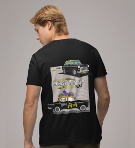 Beauty of Mumbai: in Yellow Black Taxi Graphic Printed Black T-Shirt