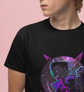 Cyber Storm : Empowering Identity Through Neon and Thunder Graphic Printed Black T-Shirt