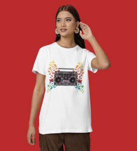 Wings of Melody: Retro Music Pop Graphic Printed Black T-Shirt