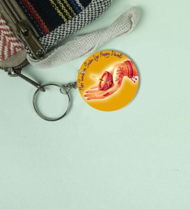 Elegant Hand Holding Diya for Diwali Celebration Printed Round Keychain Pack of 2