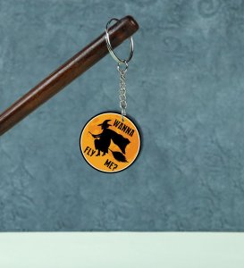 Bright Halloween Flying Witch Design Printed Round Keychain Pack of 2