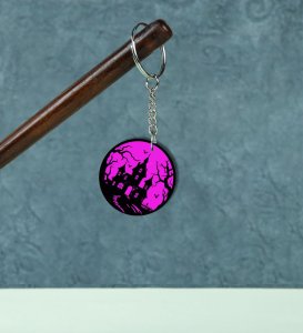 Creepy Castle Silhouette with Moonlit Trees Printed Round Keychain Pack of 2